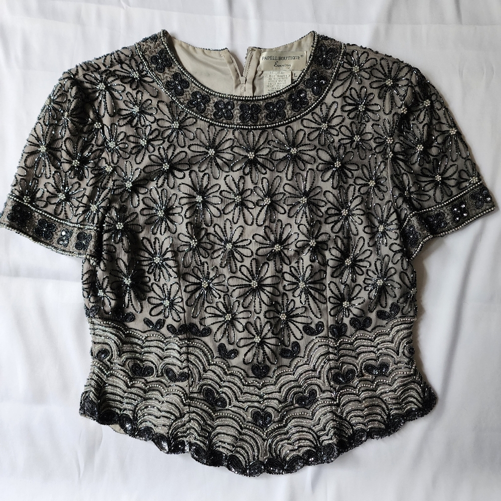 Boho Top Silver Embroidered Sequined Embellished Beaded Top Luxury Vintage